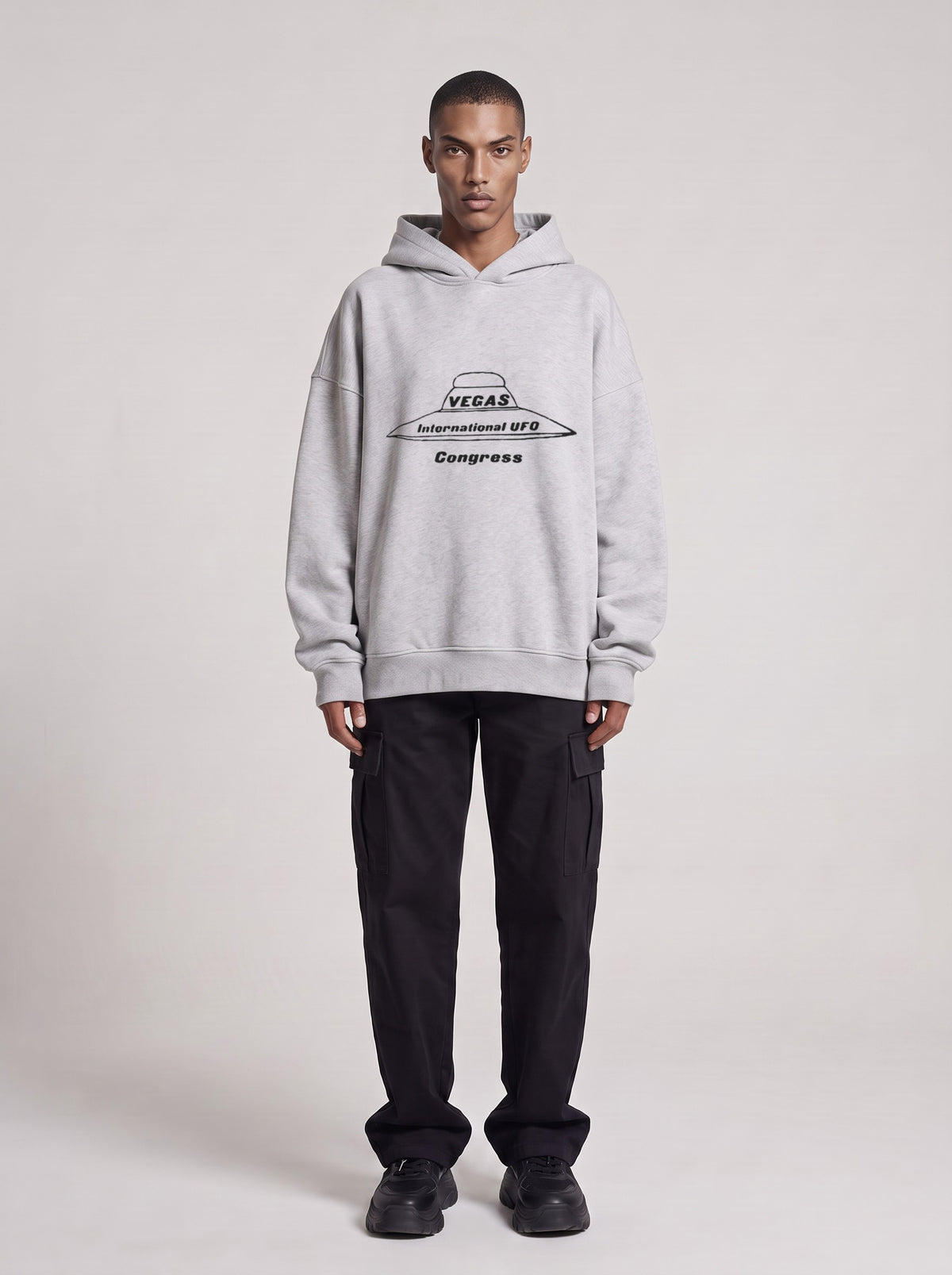 Vegas UFO Congress — Boxy Hoodie in Flower Gray, front, worn by male model