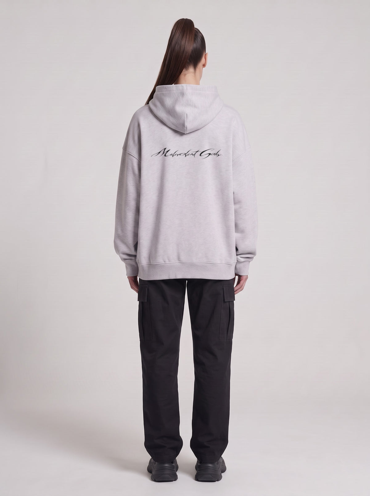 Vegas UFO Congress — Boxy Hoodie in Flower Gray, back, worn by female model