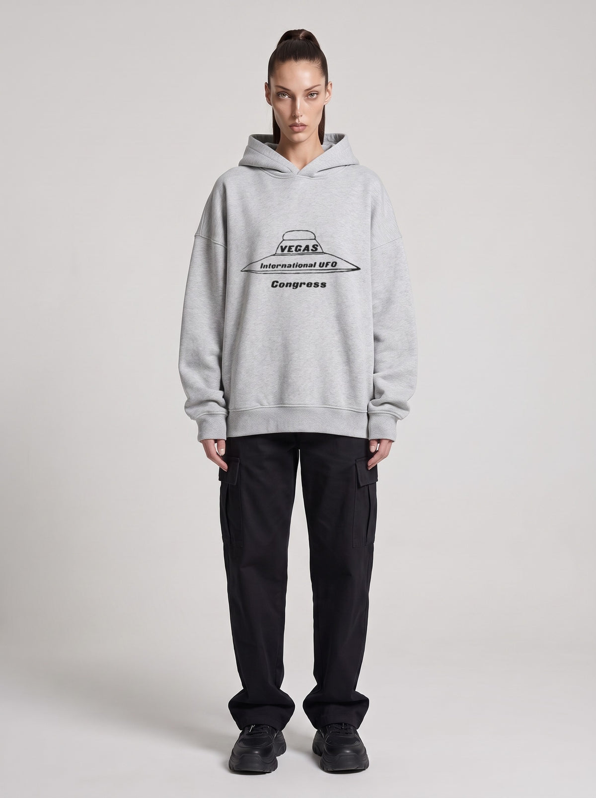 Vegas UFO Congress — Boxy Hoodie in Flower Gray, front, worn by female model