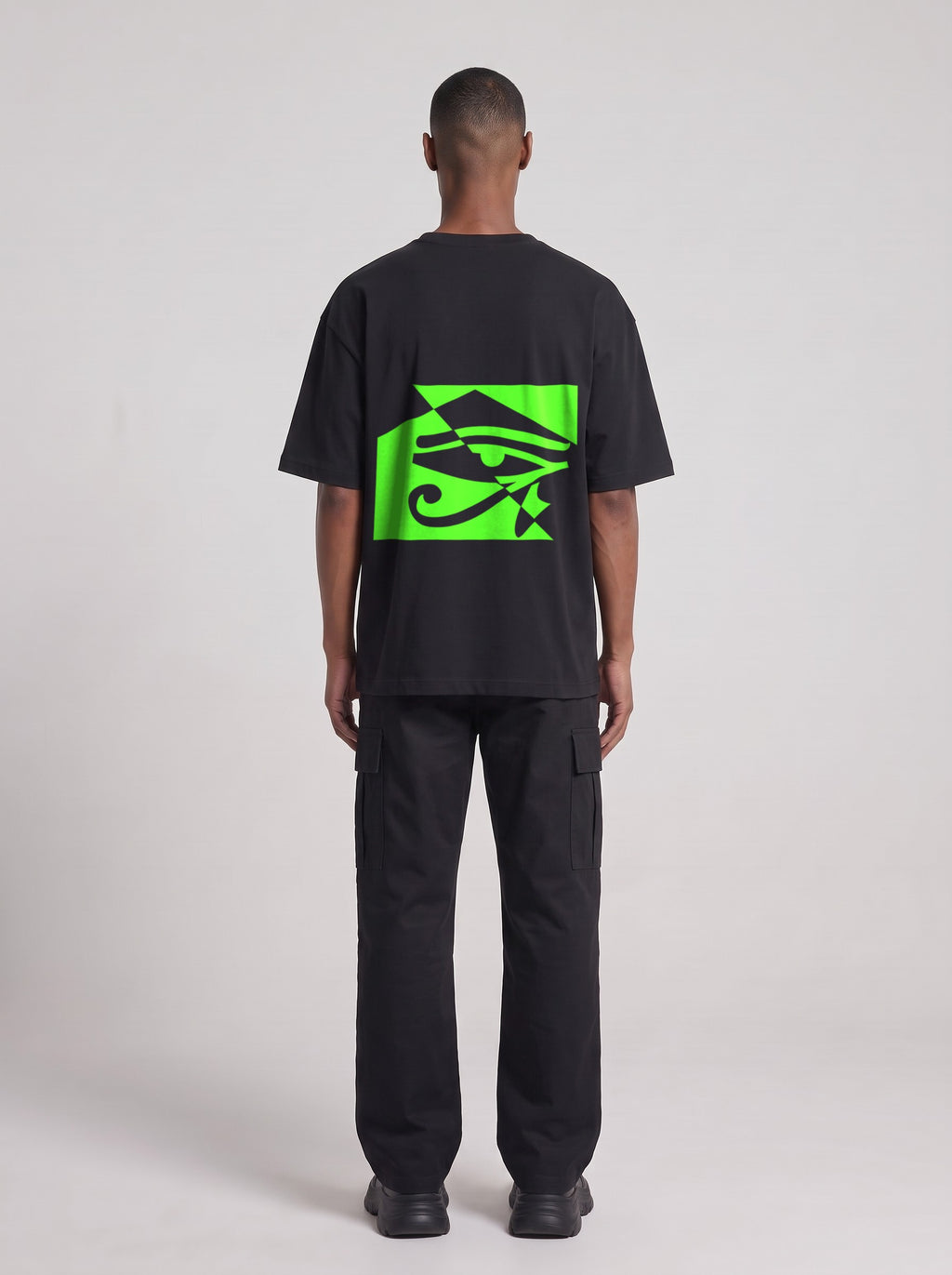 Watcher Neon — Drop Shoulder T-Shirt in Black Beauty, back, worn by male model