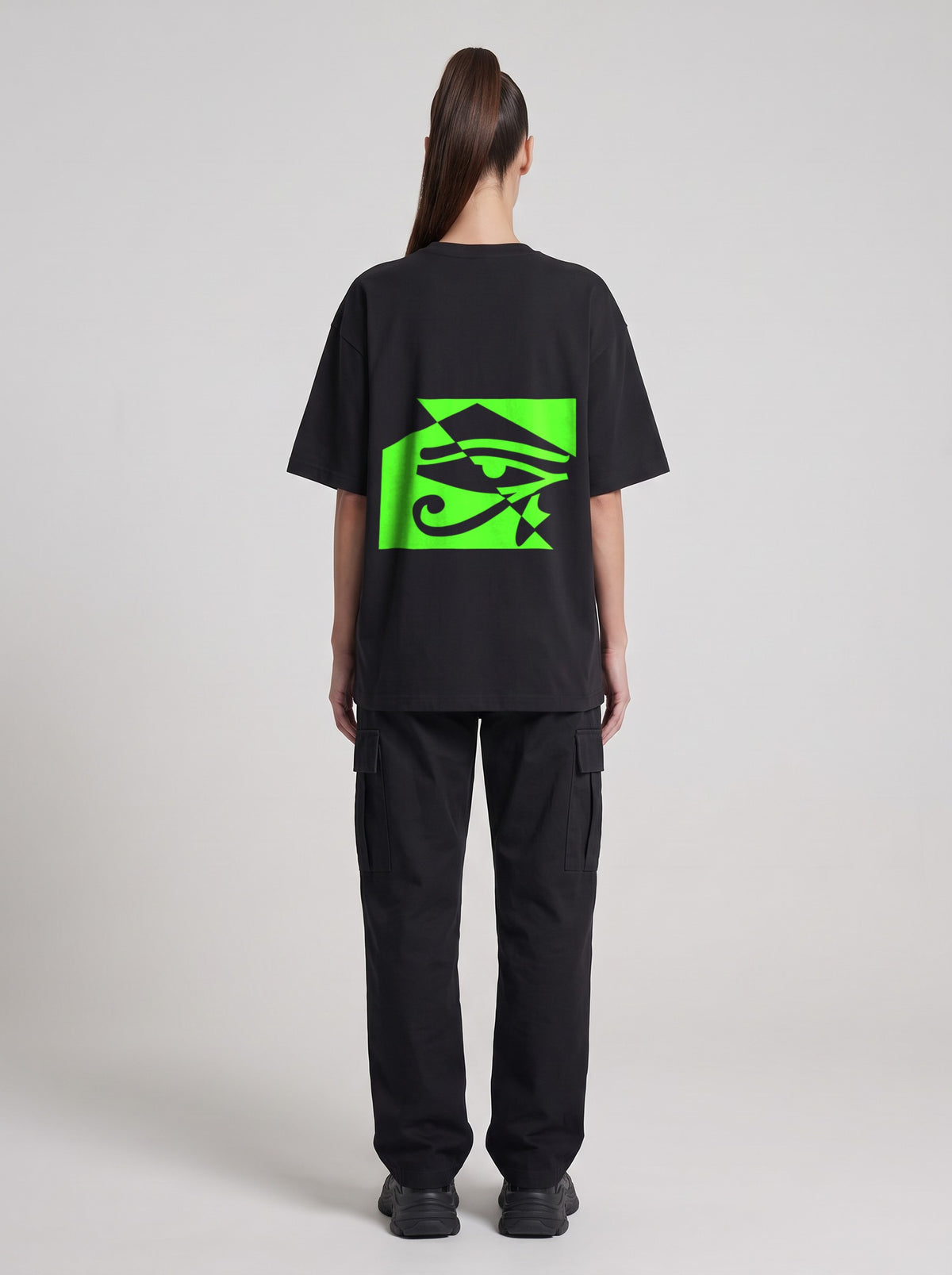 Watcher Neon — Drop Shoulder T-Shirt in Black Beauty, back, worn by female model