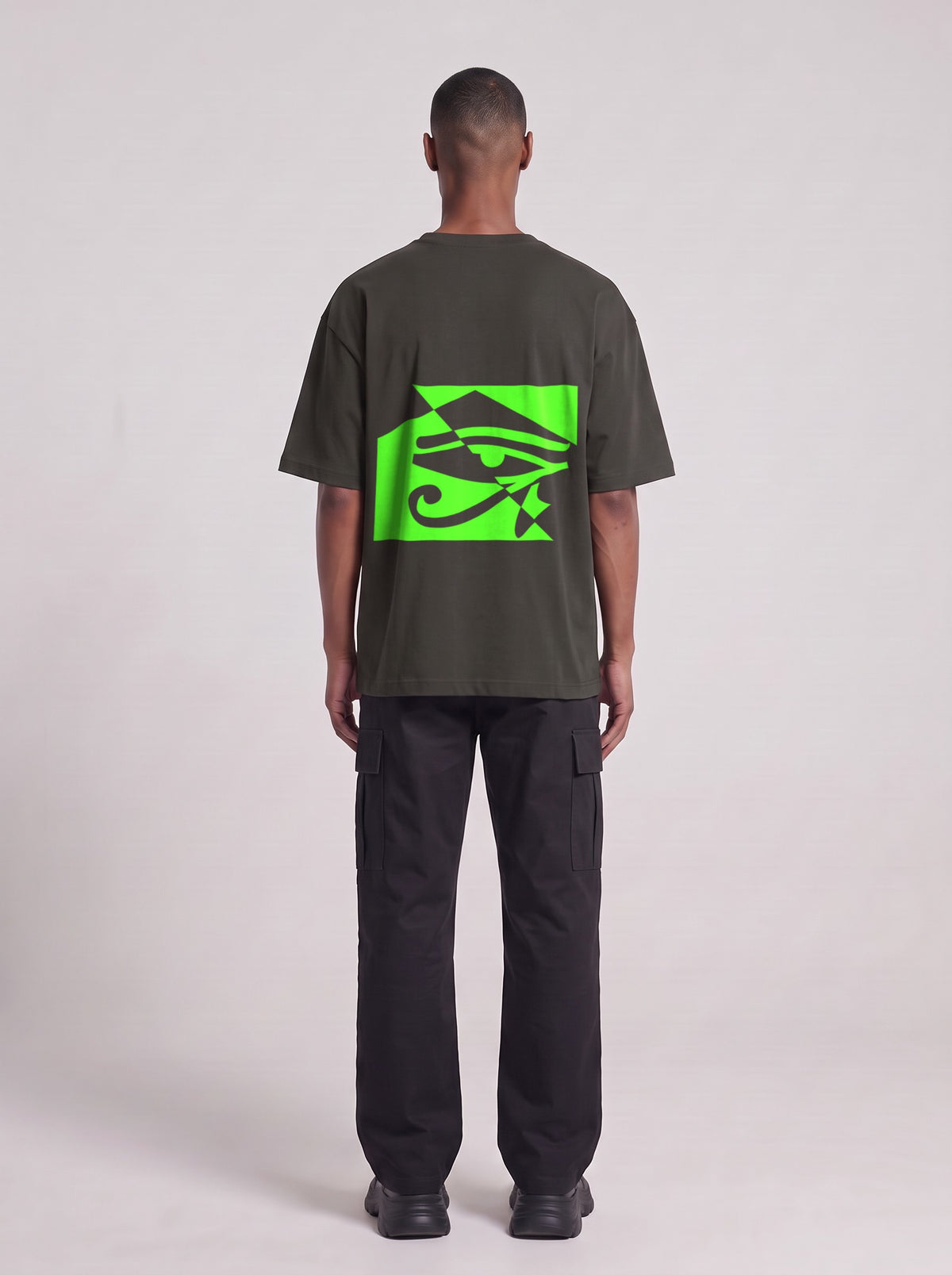 Watcher Neon — Drop Shoulder T-Shirt in Dark Gray, back, worn by male model