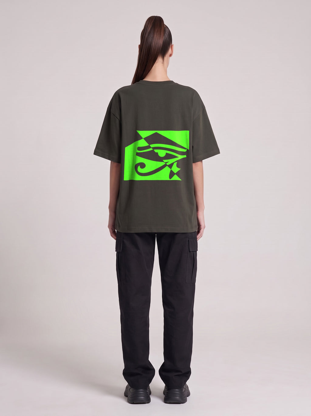 Watcher Neon — Drop Shoulder T-Shirt in Dark Gray, back, worn by female model