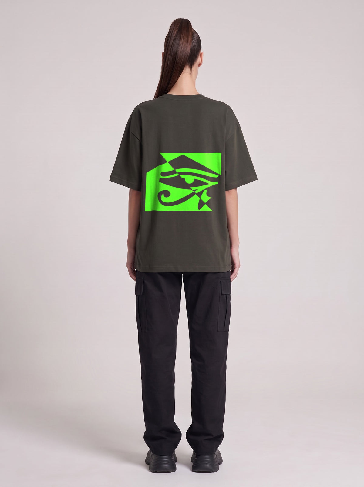 Watcher Neon — Drop Shoulder T-Shirt in Dark Gray, back, worn by female model