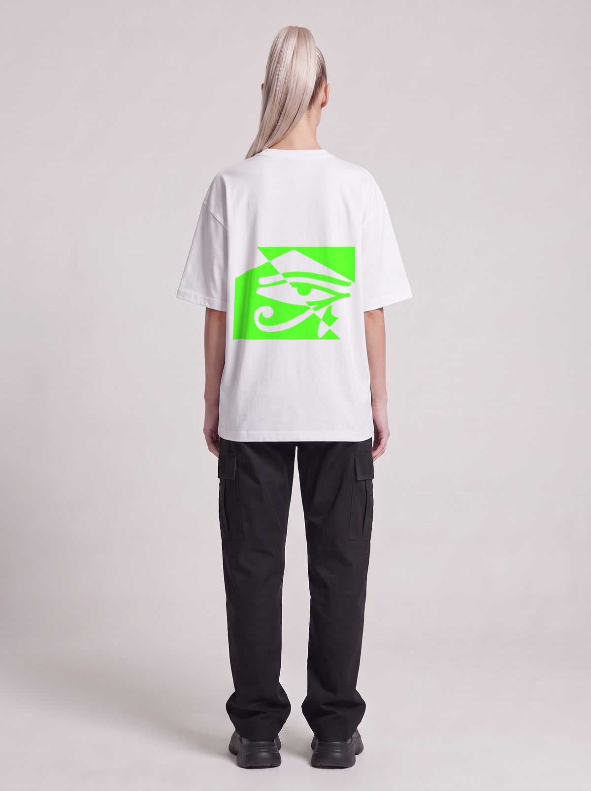 Watcher Neon — Drop Shoulder T-Shirt in Lucent White, back, worn by female model
